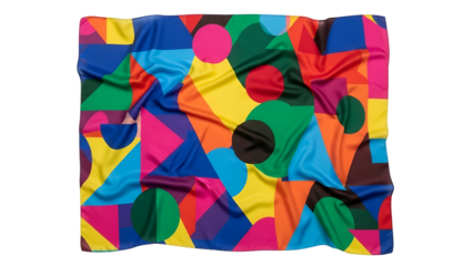 Vibrant geometric pattern fabric displays complex folds against a dark background