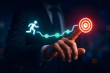 Obraz premium Businessman touching a glowing target icon on a virtual journey roadmap, symbolizing strategy and goal achievement.