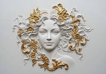 Luxurious bas-relief sculpture of beautiful woman's face. Ornate floral hair with black and gold leaf details on white textured wall. Elegant mythological art.