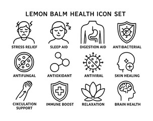 Lemon balm health benefits icon set for stress and immune support