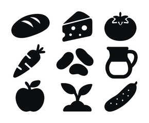 Collection of food icons: bread, cheese, vegetables, and fruit silhouettes