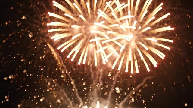 Golden fireworks exploding dramatically in the dark sky celebrating a special occasion with water droplets on a glass surface adding intrigue