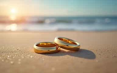 Beautiful gold wedding rings on sandy beach. High quality