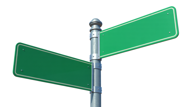 Blank green street signs point in two directions, ready for text