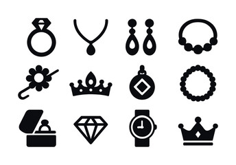 Set of jewelry icons featuring rings, necklaces, earrings, bracelets, and watches