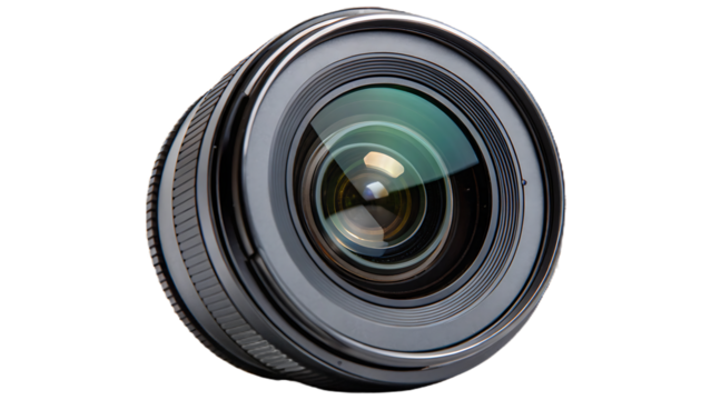 Closeup of a professional camera lens with reflected light isolated on transparent background isolated on transparent background