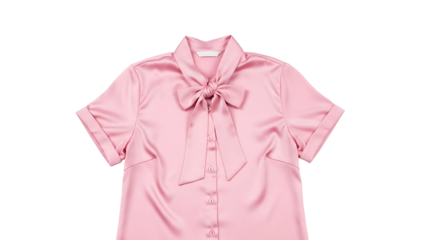 Elegant pink short sleeve blouse featuring a prominent neck bow stands isolated against a dark background