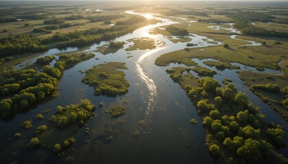 Aerial View of Serene River Meandering Through Green Landscape