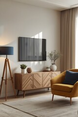 Modern minimalist living room interior with wooden furniture, flat screen TV, yellow armchair, and natural daylight creating a cozy Scandinavian design atmosphere, perfect for home decor inspiration