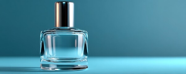 Elegant glass perfume bottle with a silver cap displayed on a blue background.