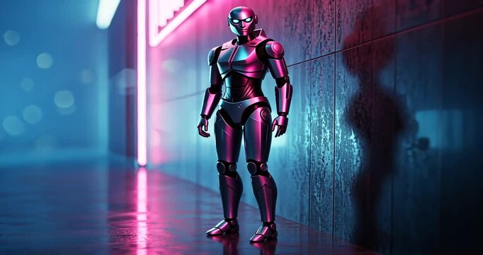 Futuristic humanoid robot stands against a neon-lit wall in a cyberpunk cityscape at night