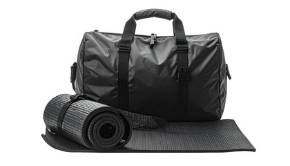 Dark gym bag and rolled mat against a dark background