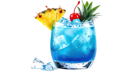 Icy blue cocktail topped with pineapple & cherry