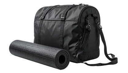Black duffel bag and rolled yoga mat sit against dark background