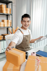 Ecommerce startup with young business owner, managing packages and sales, highlighting teamwork,...