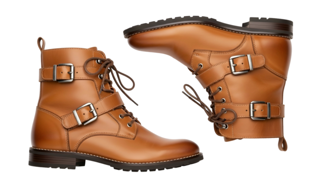 Two polished leather ankle boots featuring strap closures and laces displayed against a dark background