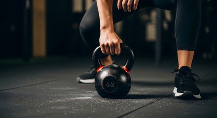 Kettlebell Workout Woman Lifting Weight in Gym, Close-up Grip, Fitness Training on Dark Floor, Gym Exercise for Strength and Conditioning, Commercial Health and Wellness Ad