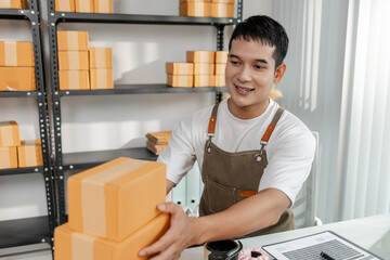 Ecommerce startup with young business owner, managing packages and sales, highlighting teamwork,...