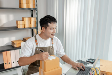 Ecommerce startup with young business owner, managing packages and sales, highlighting teamwork,...