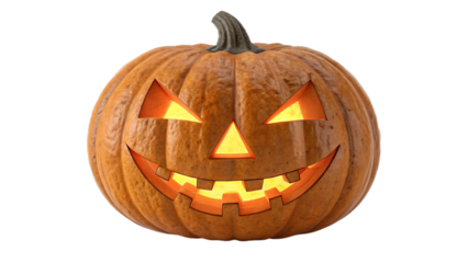 3d rendered glowing jack o lantern halloween pumpkin face isolated on black isolated on transparent background