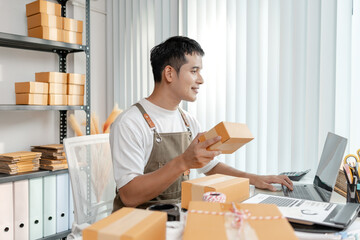 Small business entrepreneur in ecommerce startup, showcasing online retail, packaging process,...