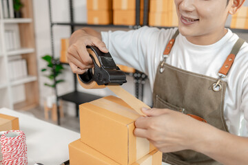 Small business entrepreneur in ecommerce startup, showcasing online retail, packaging process,...