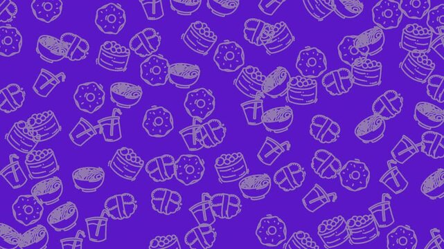 Animation food seamless pattern purple background with sketched desserts like donuts and cupcakes. Ideal for bakery flyers, menu designs, and social media posts.