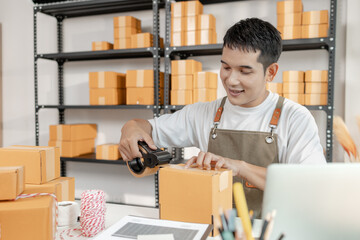 Small business entrepreneur in ecommerce startup, showcasing online retail, packaging process,...