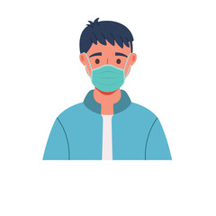 Close up portrait of a young man wearing a teal face mask and blue jacket standing against a white background isolated illustration