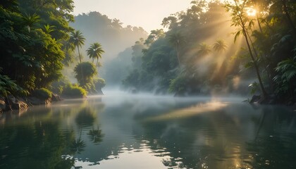 Tropical River in Morning Mist with Sunlight Through Jungle Trees
