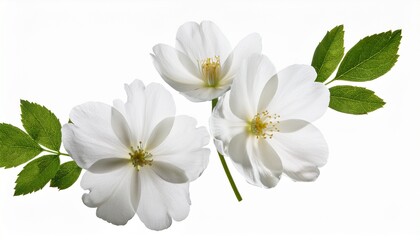Three White Wild Rose Flowers with Green Leaves
