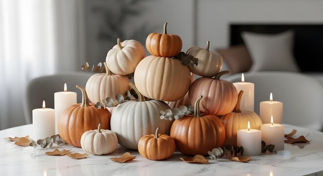Luxury indoor Halloween decor featuring stacked white and orange pumpkins with glowing candles, soft light and minimalist autumn aesthetic.