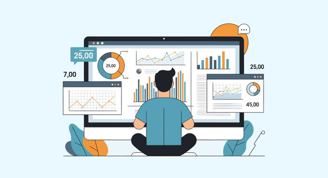 Business professional analyzing complex data on a computer dashboard with interactive charts and graphs for strategic market analysis