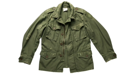 Weathered olive green field coat displays distressed details against a dark background
