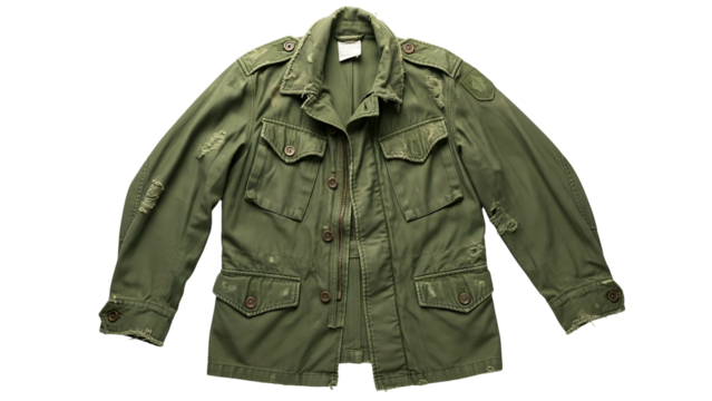 Weathered olive green field coat displays distressed details against a dark background