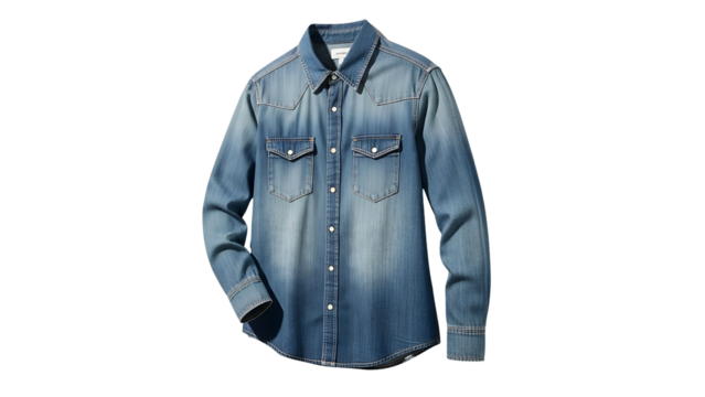 Faded blue denim western style button up garment displayed against a solid black background