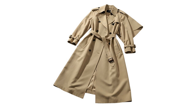 Classic beige outerwear garment floats against a deep black background