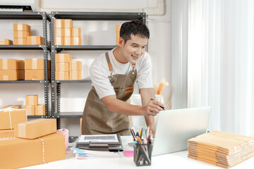 Ecommerce startup business model with entrepreneur preparing goods for delivery, symbolizing...