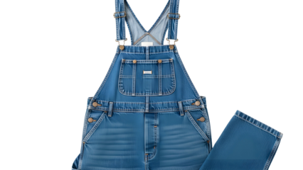 Traditional blue denim bib overalls are displayed against a solid black background