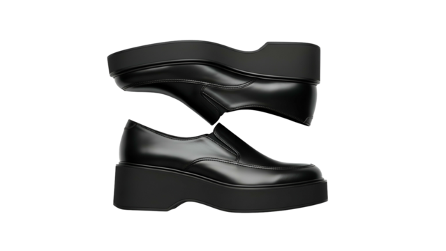 Upside-down black platform loafers are creatively balanced against a solid dark background
