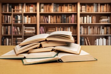 stack of reading books on table against library background