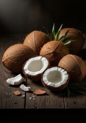Fresh ripe coconuts, whole and cracked in half, on dark rustic wooden table. White tropical pulp and shell pieces scattered around. Natural food still life with water drops.