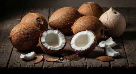 Fresh ripe coconuts, whole and cracked in half, on dark rustic wooden table. White tropical pulp and shell pieces scattered around. Natural food still life with water drops.