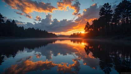 Sunset Reflection Over Calm Lake with Forest Silhouette and Colorful Sky