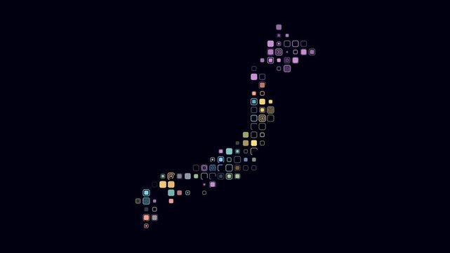 Japan map animation. Shape of the country with pulsating colored dots. Large size rounded square blocks. Digital style Japan map on dark background. Stylish video.