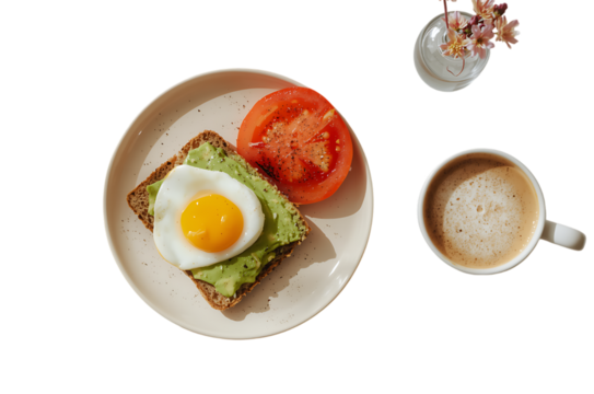 Healthy avocado toast with fried egg and tomato slice and coffee