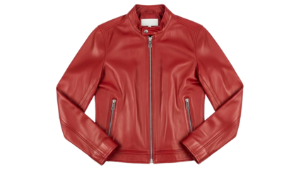 Bright red leather outerwear with metallic zipper hardware displayed on a black background