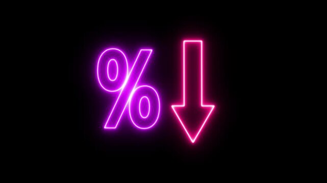 Percentage decrease neon sign, glowing downtrend animation, digital financial fall indicator