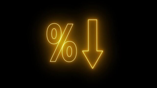 Percentage decrease neon sign, glowing downtrend animation, digital financial fall indicator