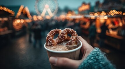 A cozy hand holds a cup of hot beverage topped with pretzels, set against a festive background with lights and a Ferris wheel.